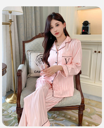 Women's Ice Silk Pajama Set Long Sleeve Long Pants Lightweight Sleepwear for Spring And Autumn Comfortable Homewear Pj Set - Smarsty