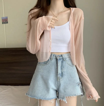2025 Fairy Style Solid Cardigan Women Summer New Long Sleeve Sunscreen Sweet Beading V-neck Basics Loose Chiffon Cardigan - Smarsty