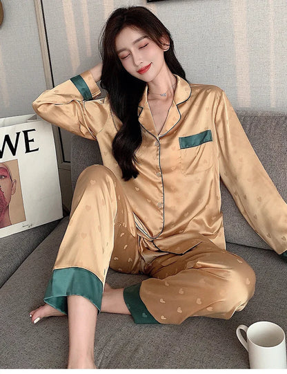Top Autumn New Ice Silk Women Pajama Lapel Button Cardigan Outfits for Women 2 Piece Set Fashion Printing Set Clothes for Women - Smarsty