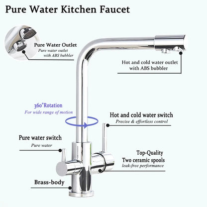 Chrome Kitchen Faucet with Pure Water Filter and Dual Handles - Smarsty