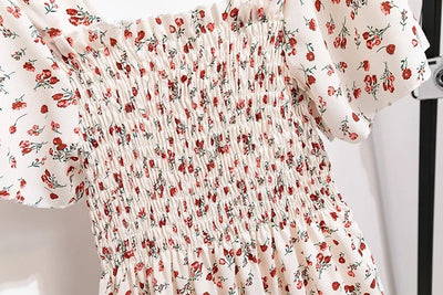 Spring Summer Chiffon Dress Women Midi DressesFemale Short Sleeve Elastic Waist Printed Floral Pleated Backless Casual Dress - Smarsty