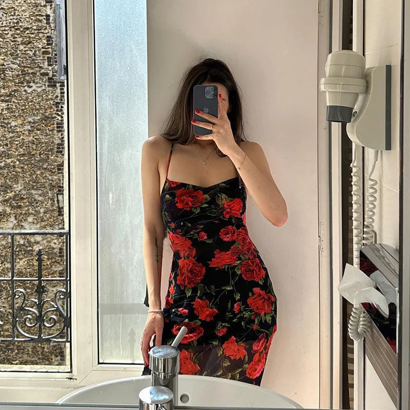 Flowers Print Spaghetti Strap Dresses Women Temperament Package Hip Bodycon Long Dress Fashion Sexy Backless Lady Slim Vestidos