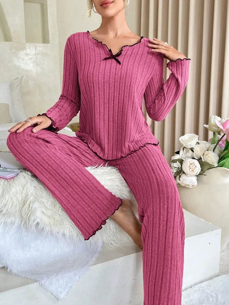 Women Autumn Winter Sleepwear Ribbed Pajamas Set Long Sleeve Top and Long Pants 2 Piece Set Casual Homewear Loungewear - Smarsty