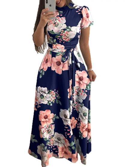 Women's Slim Dresses Casual Long Sleeve Round Neck Flower Printed Dress Strap Floor-Length Long Skirt Women's Clothing - Smarsty
