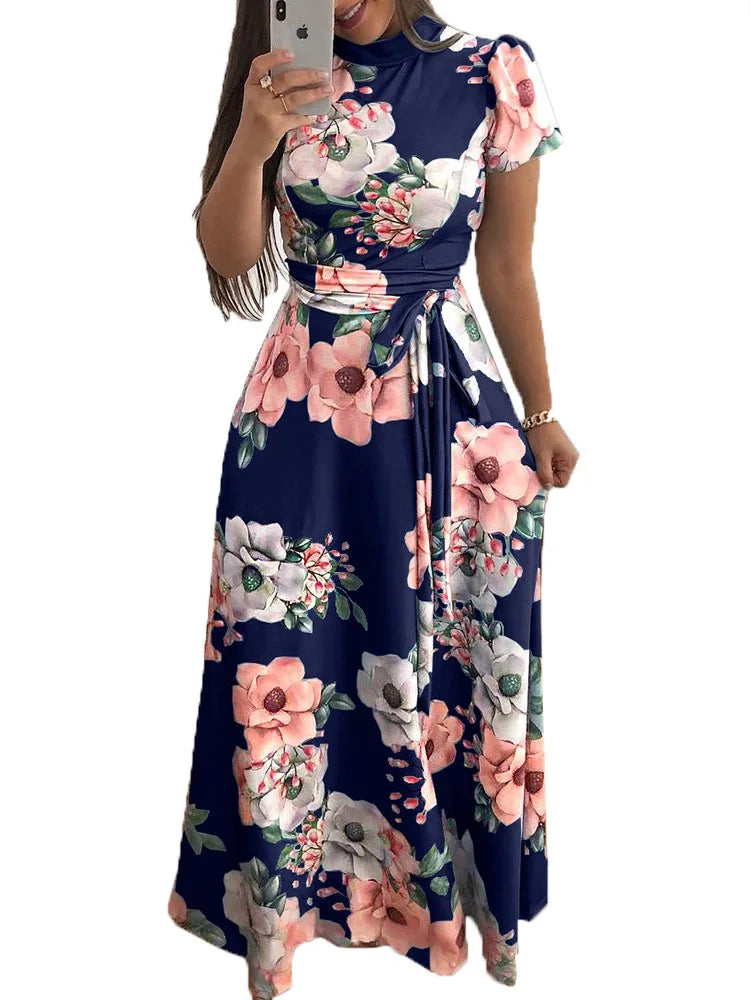 Women's Slim Dresses Casual Long Sleeve Round Neck Flower Printed Dress Strap Floor-Length Long Skirt Women's Clothing - Smarsty