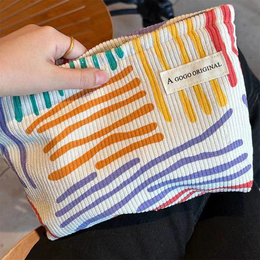 Colorful Stripes Corduroy Cosmetic Bag Portable Travel Toiletry Bag Skincare Sundries Aesthetic Makeup Storage Bag,A-DH - Smarsty