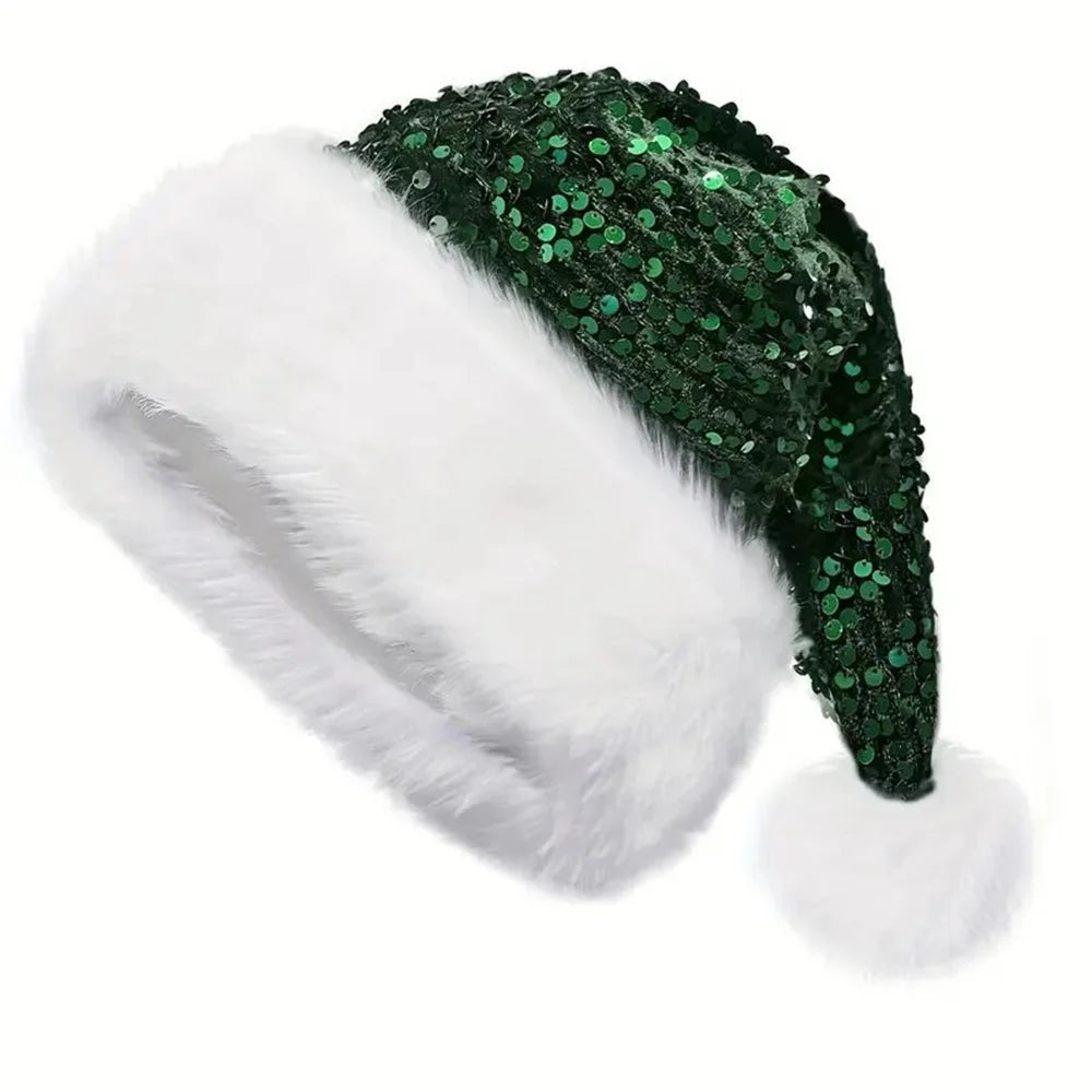 Sequin Christmas Hat Plush Solid Color Sparkle Santa Claus Hat with Long Fluffy Pompom For Adult Kids Christmas Party Decoration - Smarsty