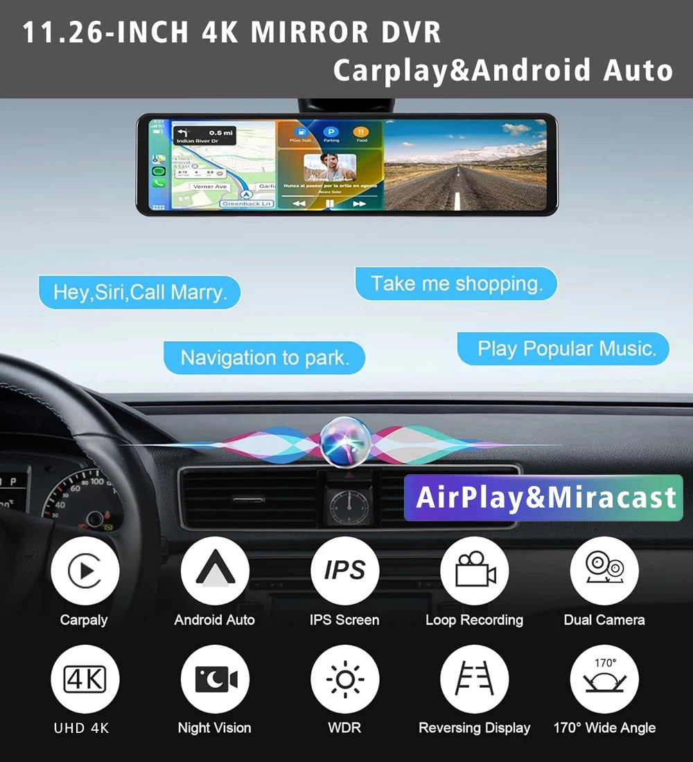 4K Dash Cam with GPS WiFi CarPlay Android Auto Mirror - Smarsty