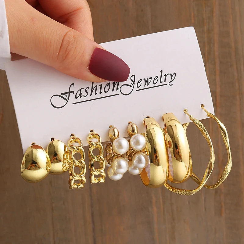 Gold Color Vintage Geometric Pearl Earrings Set For Women - Smarsty
