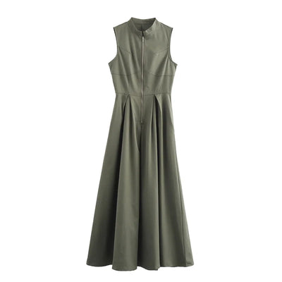 MUJER Zipper Long Dress Woman Pleated Sleeveless Bodycon Dress Summer Elegant Party Dresses For Women 2025 New Midi Dresses - Smarsty