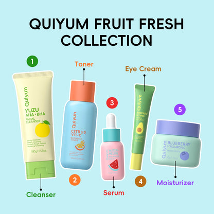QUIYUM Fruit Fresh Collection 5-Piece Skincare Set Brightening Hydrating Anti-Age Facial Care for Dry Dull Skin