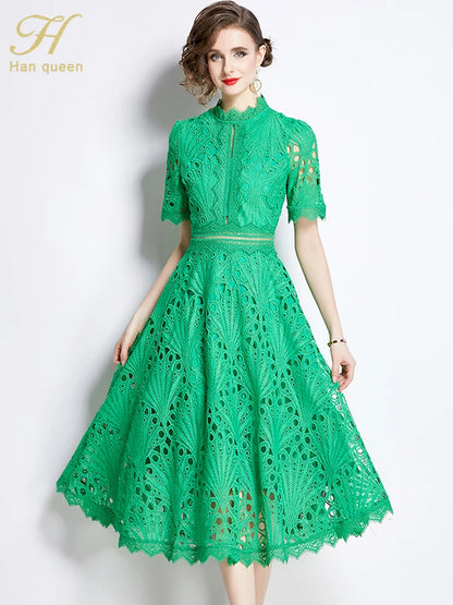 H Han Queen Spring New Elegant Casual Work Party Dresses Floral Crochet Hollow Out Lace Patchwork Casual Office Midi Dress - Smarsty