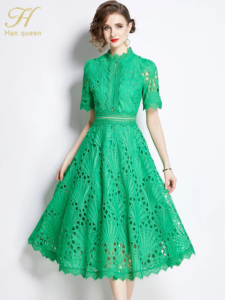 H Han Queen Spring New Elegant Casual Work Party Dresses Floral Crochet Hollow Out Lace Patchwork Casual Office Midi Dress - Smarsty