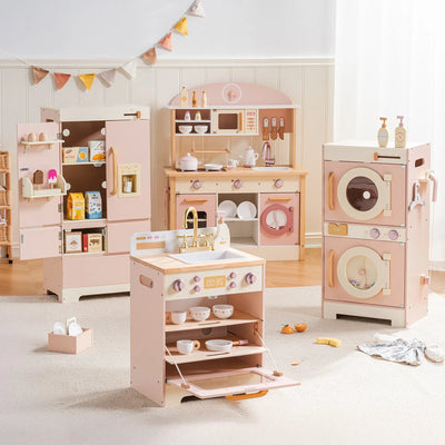 Robotime Robud Kids Corner Kitchen Playset Wooden Play Kitchen Set with Realistic Sound Pretend Play Gift for Boys Girls Pink by Smarsty