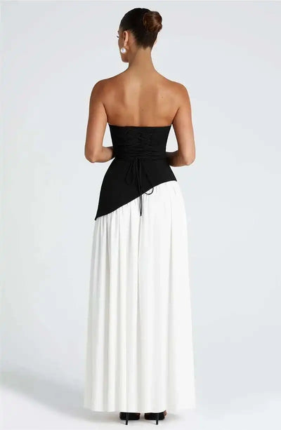 Mozision Strapless Off-shoulder Sexy Maxi Dress For Women Gown Patchwork Scarf Collar Thigh High Split Club Party Long Dress - Smarsty