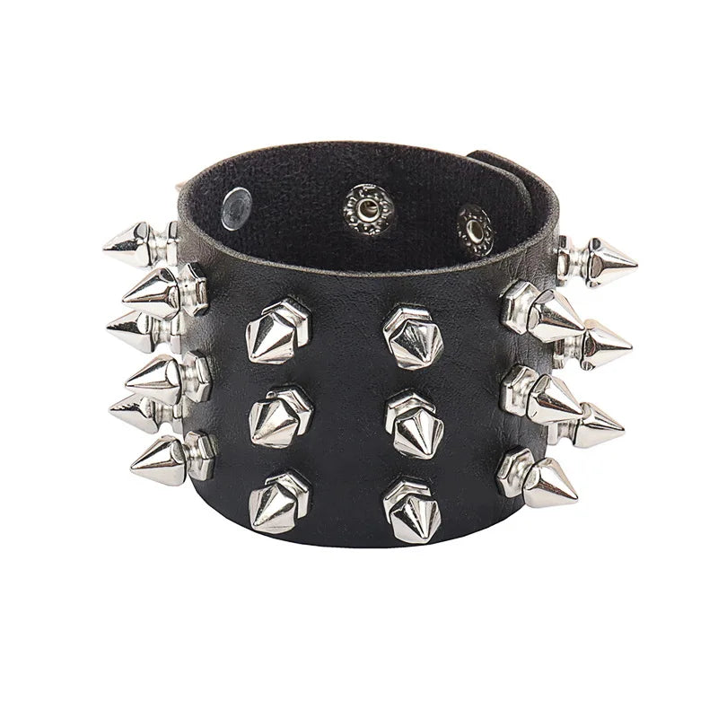 Adjustable Black Leather Punk Bracelet with Metal Spikes - Smarsty