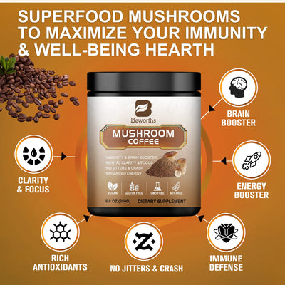 Mushroom Coffee 10 Mushroom Extract - Lion's Mane, Cordyceps, Reishi, Turkey Tail, Chaga, Maitake for energy and immune support - Smarsty