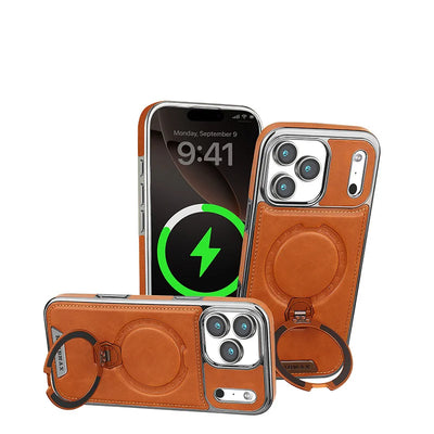 Magnetic Rotat Bracket Luxury Leather Phone Case For iPhone 11 12 13 14 15 16 17 Pro Max Plus Wireless Charging Shockproof Cover