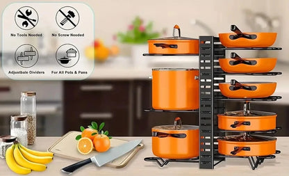 Space-Saving 8-Tier Pot Rack Organizer - Durable Metal Holder for Pans, Pots, and Lids to Keep Your Kitchen Neat and Tidy