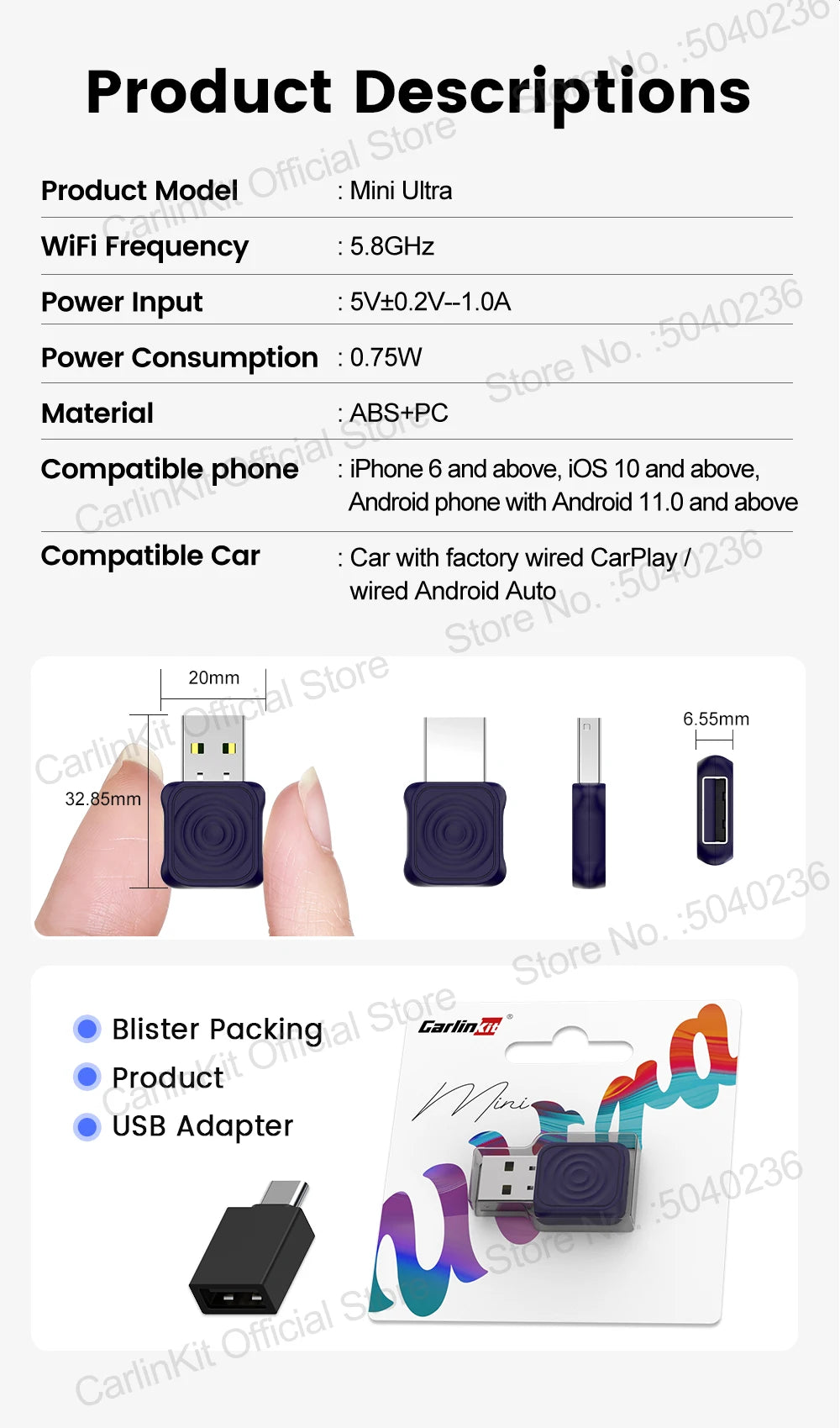 CarlinKit 5.0 Mini Ultra Wireless Adapter Wireless CarPlay Android Auto For OEM Car Plug and Play WiFi Bluetooth Auto Connection - Smarsty