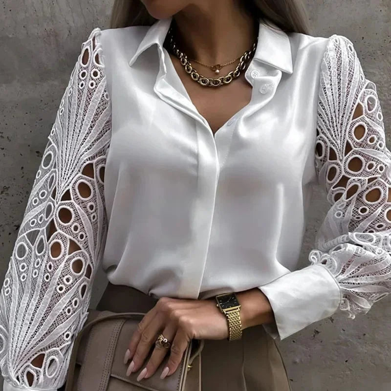 Women's Blouse White blank Elegant V-neck Lace Sleeve Cut-out Patchwork Office Commuter Black Shirt For Female - Smarsty