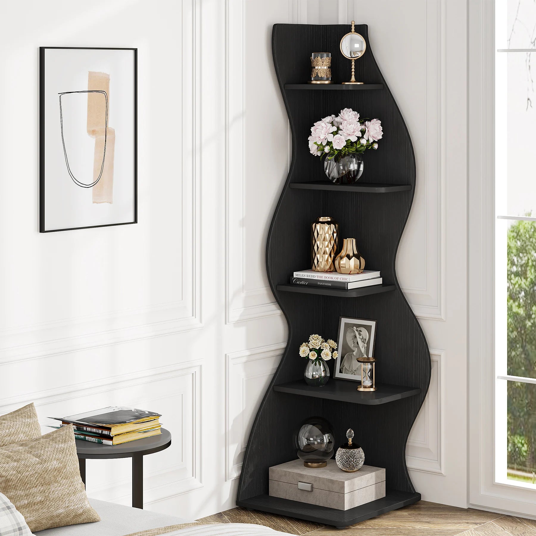 Tribesigns Corner Shelf, Modern 5-Tier Wall Corner Bookshelf, Stylish Corner Small Bookcase Storage Rack Plant Stand