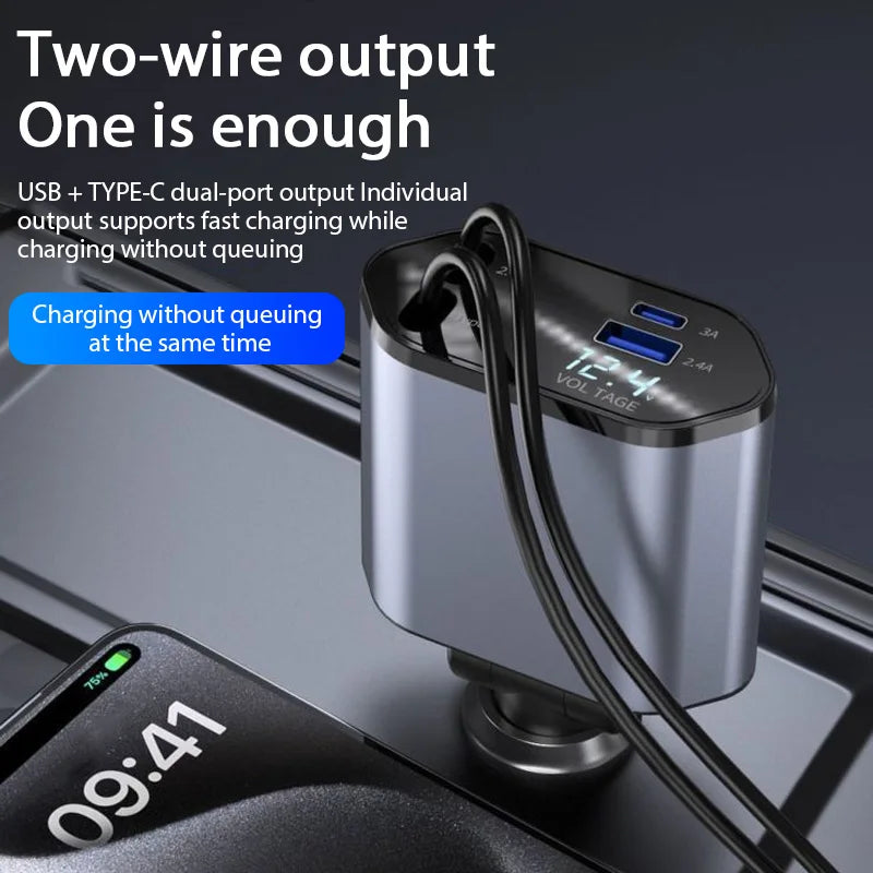 120W Car Charger With Retractable USB Type C Cable - Smarsty
