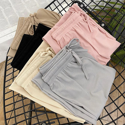 Women Ankle-Length Wide Leg Pants Casual Summer Solid Elastic Waist Loose Ice Silk Pants Spring Summer Female Trousers - Smarsty