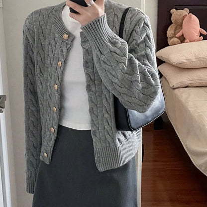 2024 Vintage Long Sleeve Cardigan Women Sweater O-neck Elegant Knitted Top Fashion Autumn Grey Knitwear - Smarsty