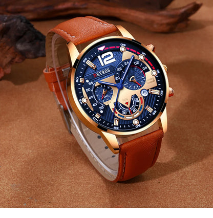 Luxury Men's Quartz Watch Set with Brown Leather Band - Smarsty