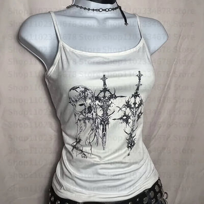 Y2k Style Aesthetic Sweet Sexy Tank Tops Women Sleeveless Casual Cartoon Print Tanks Harajuku All Match Cropped Grunge Emo Girls - Smarsty