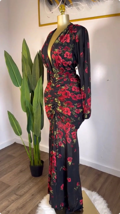 CM.YAYA Women Full Sleeve Floral Print V-neck Elegant Long Dress Ruched Holiday Birthday Evening Sexy Party Dresses Vestidos