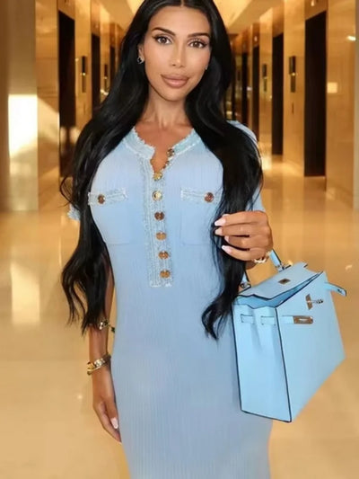 Elegant Contrasting Women Knit Maxi Dress Chic O-neck Short Sleeve Metal Buttons Bodycon Dresses Office Lady Commuting Robe - Smarsty