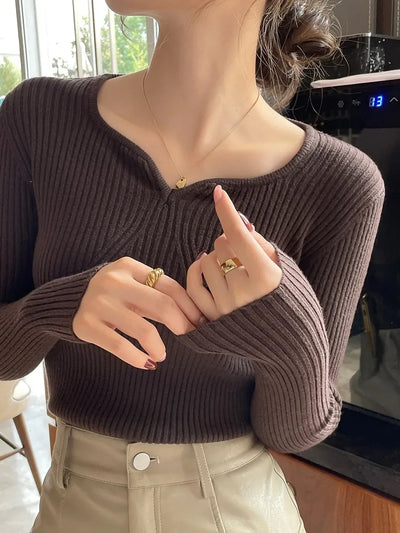 2025 Basic V-neck Chic  Autumn Winter Pullover Women Female Knitted Ribbed Sweater Slim Long Sleeve Badycon High Quality Sweater - Smarsty