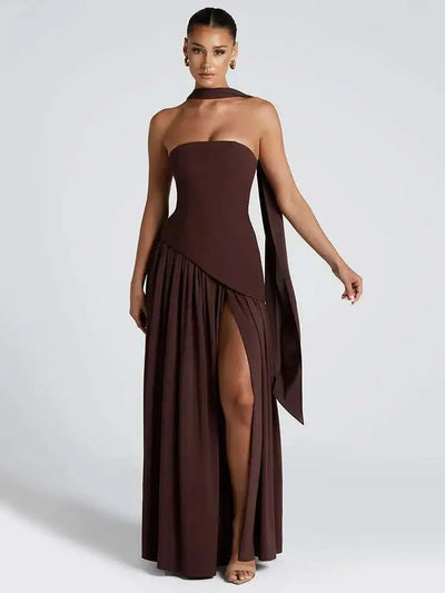 Mozision Strapless Off-shoulder Sexy Maxi Dress For Women Gown Patchwork Scarf Collar Thigh High Split Club Party Long Dress - Smarsty