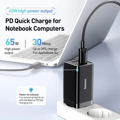65W GaN USB C Charger Dual Ports Fast Charge Travel - Smarsty