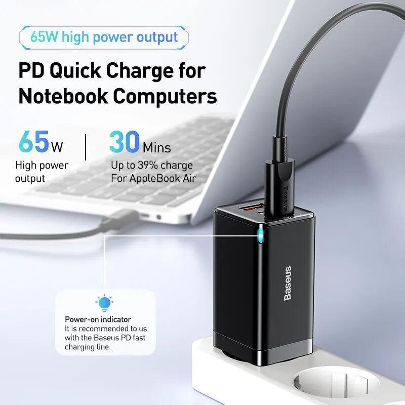 65W GaN USB C Charger Dual Ports Fast Charge Travel - Smarsty