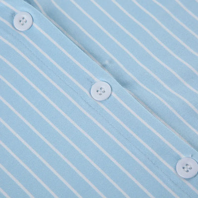 Sweetown Blue Stripe Short Sleeve Shirts For Women Button Up Turn Down Collar Slim Simple Casual Preppy Tops Basic Summer Tees - Smarsty