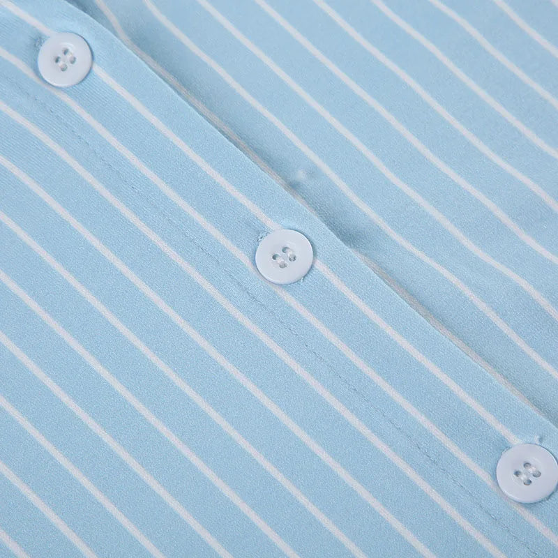 Sweetown Blue Stripe Short Sleeve Shirts For Women Button Up Turn Down Collar Slim Simple Casual Preppy Tops Basic Summer Tees - Smarsty