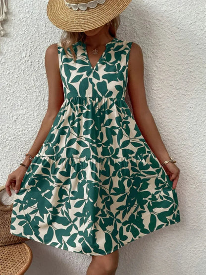 Women Boho Print Mini Dress Summer Elegant Sleeveless V Neck Ruffle A Line Tank Dress Casual Loose Oversize Beach Party Sundress - Smarsty
