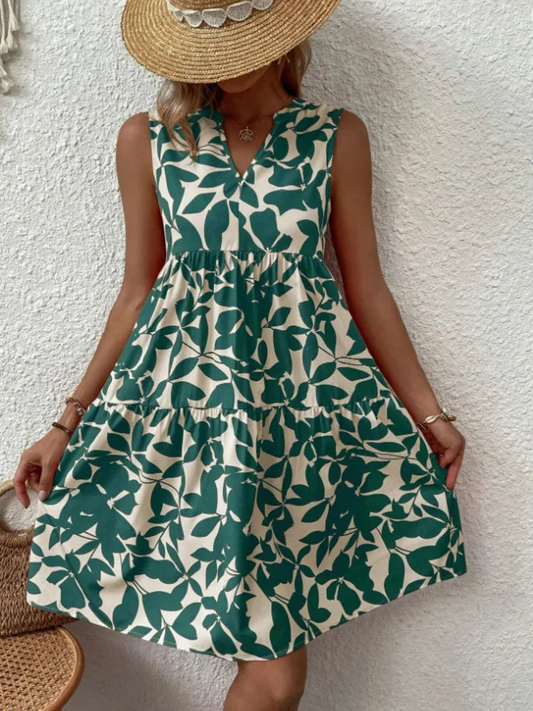 Women Boho Print Mini Dress Summer Elegant Sleeveless V Neck Ruffle A Line Tank Dress Casual Loose Oversize Beach Party Sundress - Smarsty