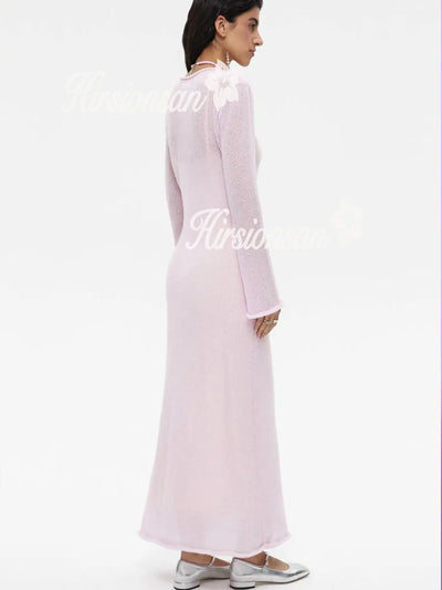 Hirsionsan Spring Autumn O-Neck Elastic Knit Long Dresses Women 2024 Elegant Chic Soft Lady Hollowing Sweater Dresses Femme New - Smarsty
