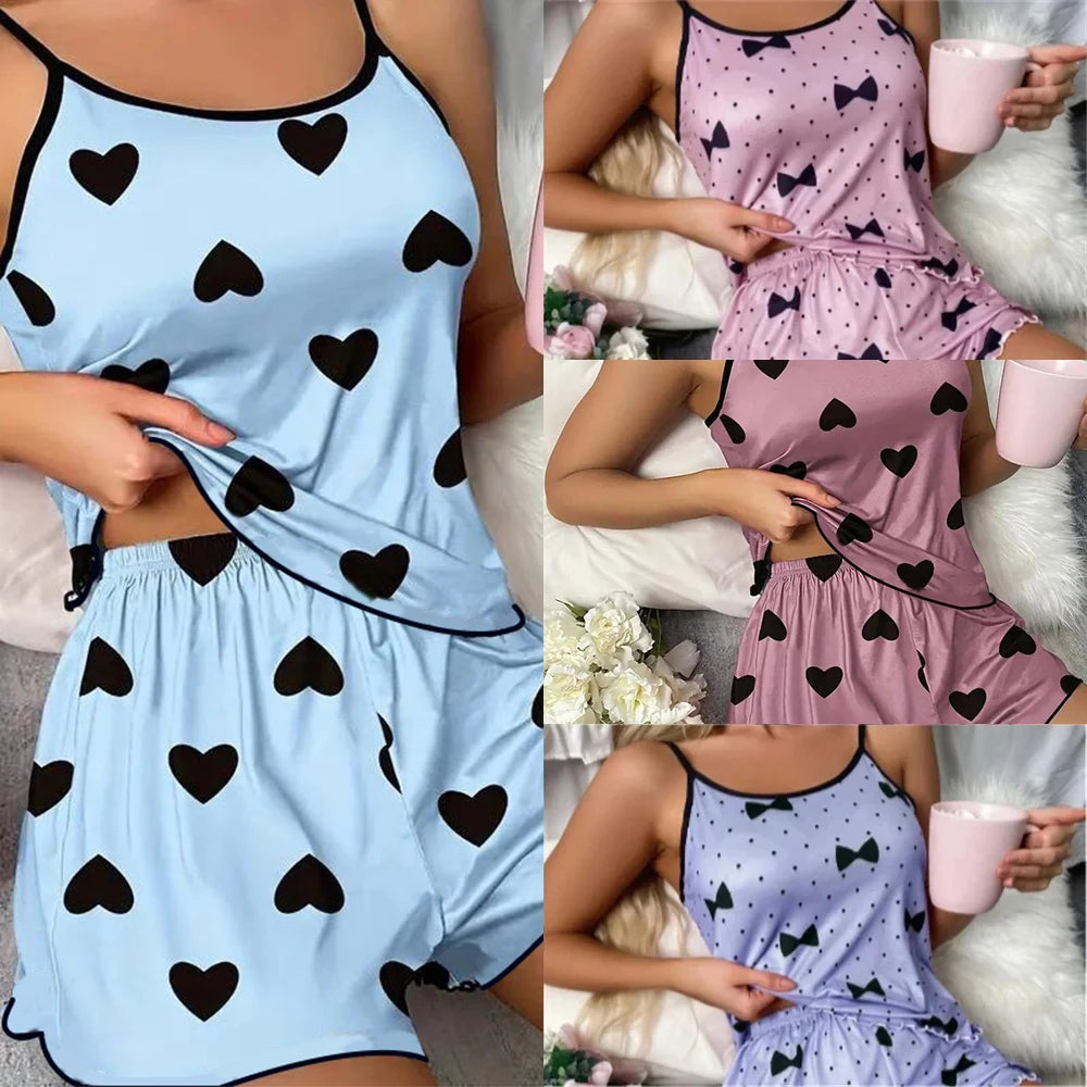 Women's Pajama Set Pajamas T-Shirts Shorts Pink Heart-Shaped Print Round Neck T-Shirt Ice Silk Top Comfortable Casual Summer ﻿ - Smarsty
