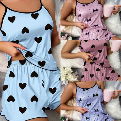 Women's Pajama Set Pajamas T-Shirts Shorts Pink Heart-Shaped Print Round Neck T-Shirt Ice Silk Top Comfortable Casual Summer ﻿ - Smarsty