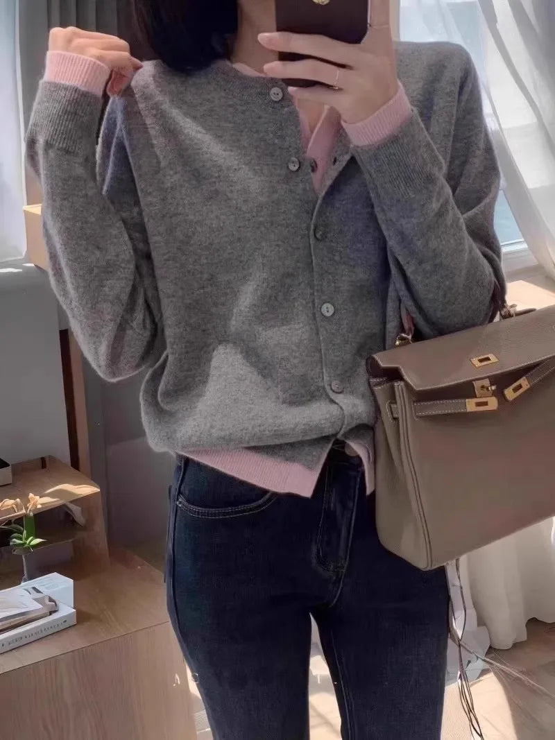 Fake two 100% pure cashmere sweater cardigan dark grey high-grade wool knit coat top - Smarsty