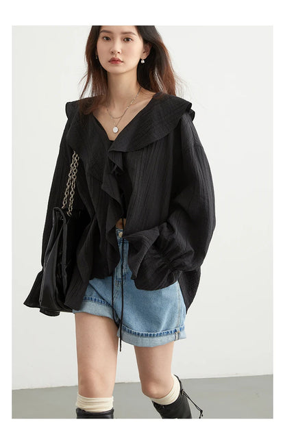 CHIC VEN Women Shirt Loose Casual Ruffled Edges Female Blouses V Neck Lace Up Mid Length Woman Shirts Spring Summer 2024 - Smarsty