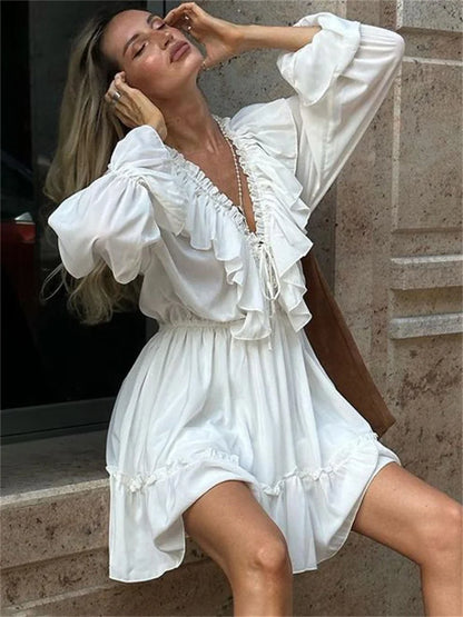Tossy Ruffled V-Neck White Mini Dress Female Patchwork Long Sleeve Elegant Bandage Fashion Dress High Waist Lace-Up Women Dress - Smarsty