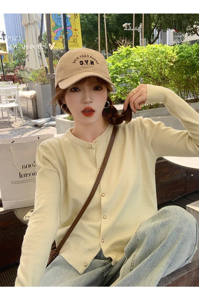 Solid Color Knitted for Women Cardigan Korean Single Breasted Long Sleeve Jumper Woman Round Neck All Match Cardigans Outwear - Smarsty