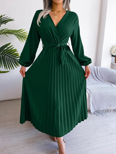Women Elegant V Neck Long Sleeve Pleated Maxi Dress - Smarsty