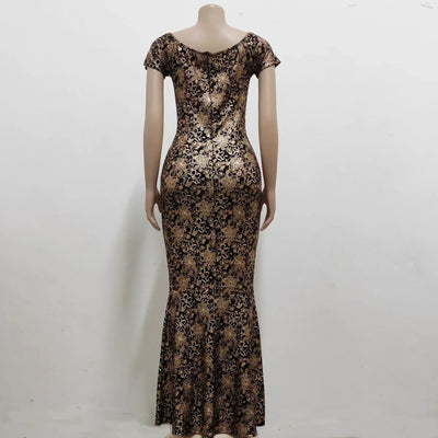 Women Dress Elegant Flower Party Dress Off the Shoulder Short Sleeve Slit Maxi Long Dresses for Woman - Smarsty